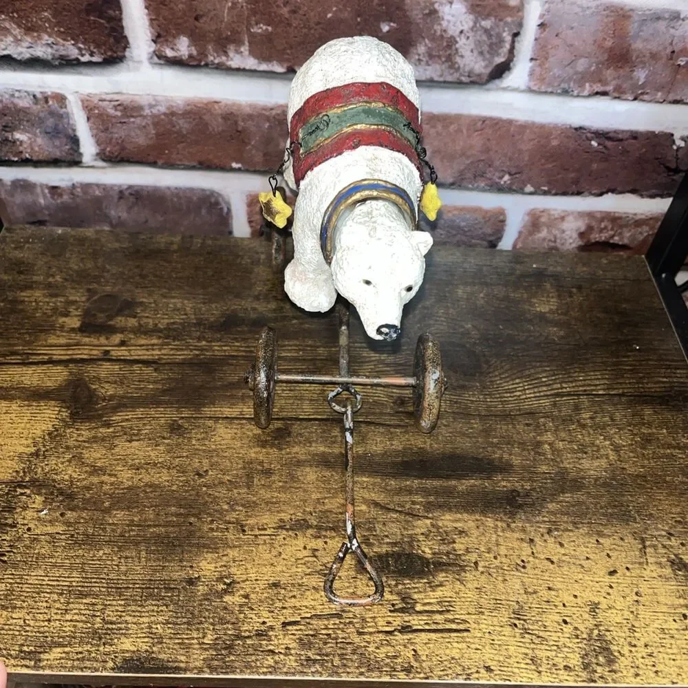 Vintage Rustic Holiday Christmas Polar Bear Wagon Figurine On Wheels